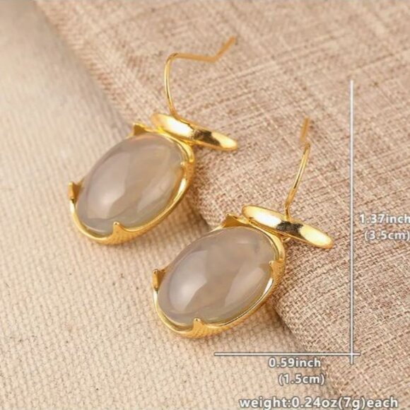 NEW Minimalist 18K Gold Plated Gray Cabochon Drop Earrings - Picture 4 of 5